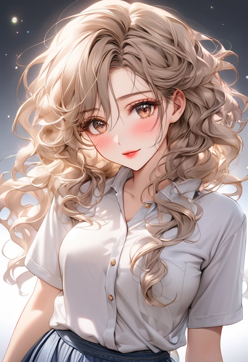 best quality, super fine, 16k, incredibly absurdres, extremely detailed, 2.5D, delicate and dynamic depiction, beautiful woman, amorous and lewd expression, light brown messy wavy hair, make-up, casual clothes, long skirt, sparkly fluffy effect, portraits, prime lenses, lens filters, clear subject