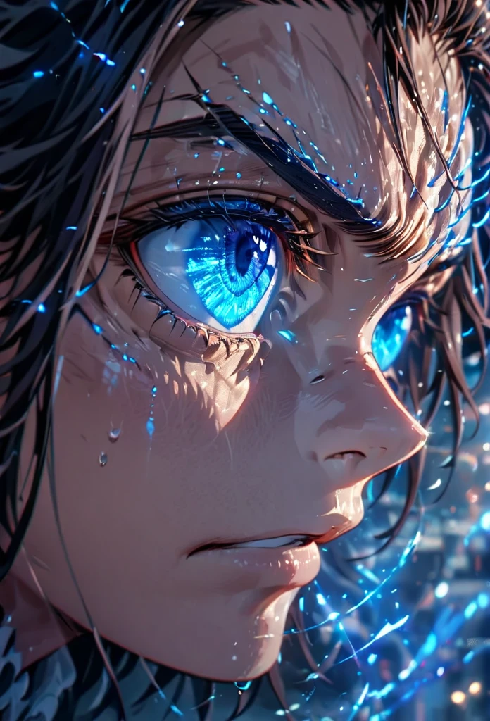Symetrical,absurdres, highres, ultra detailed, HDR, masterpiece, extremely detailed face and eyestan, tanjiro, in original outfit ,,,  , solo, man, handsome, ,, , Epic fight scene, blue electric effect,glowing glitters
