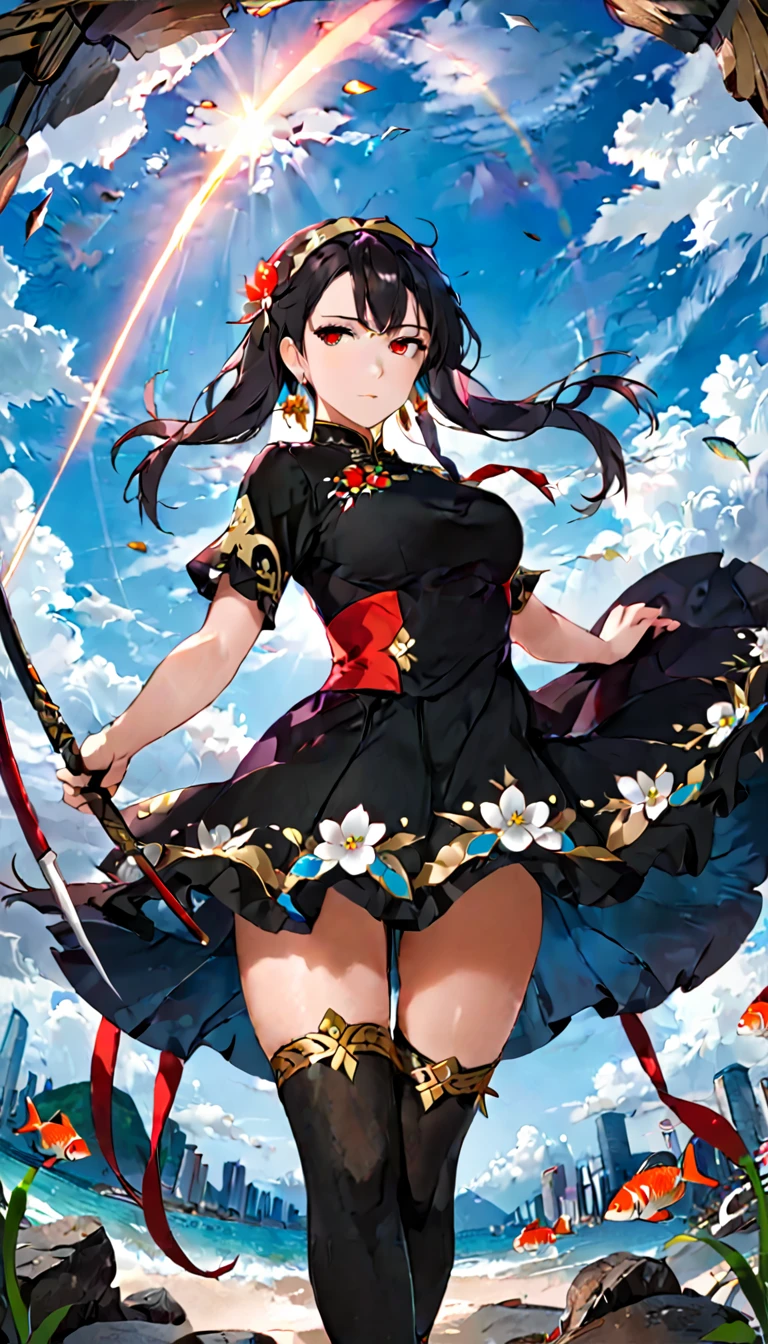 XUER Yor Forger,1girl,yor briar,solo,dual wielding,red eyes,holding,dress,thighhighs,black hair,jewelry,black dress,earrings,black thighhighs,from below,floral print,hairband,gold hairband,two-sided dress,breasts,holding weapon,sidelocks,hair ornament,long hair,floating hair,two-sided fabric,china dress,flower,chinese clothes,short sleeves,bangs,closed mouth,hair flower, fish eye, "long shot scenic professional photograph of {prompt}, perfect viewpoint, highly detailed, wide-angle lens, hyper realistic, with dramatic sky, polarizing filter, natural lighting, vivid colors, everything in sharp focus, HDR, UHD, 64K"
