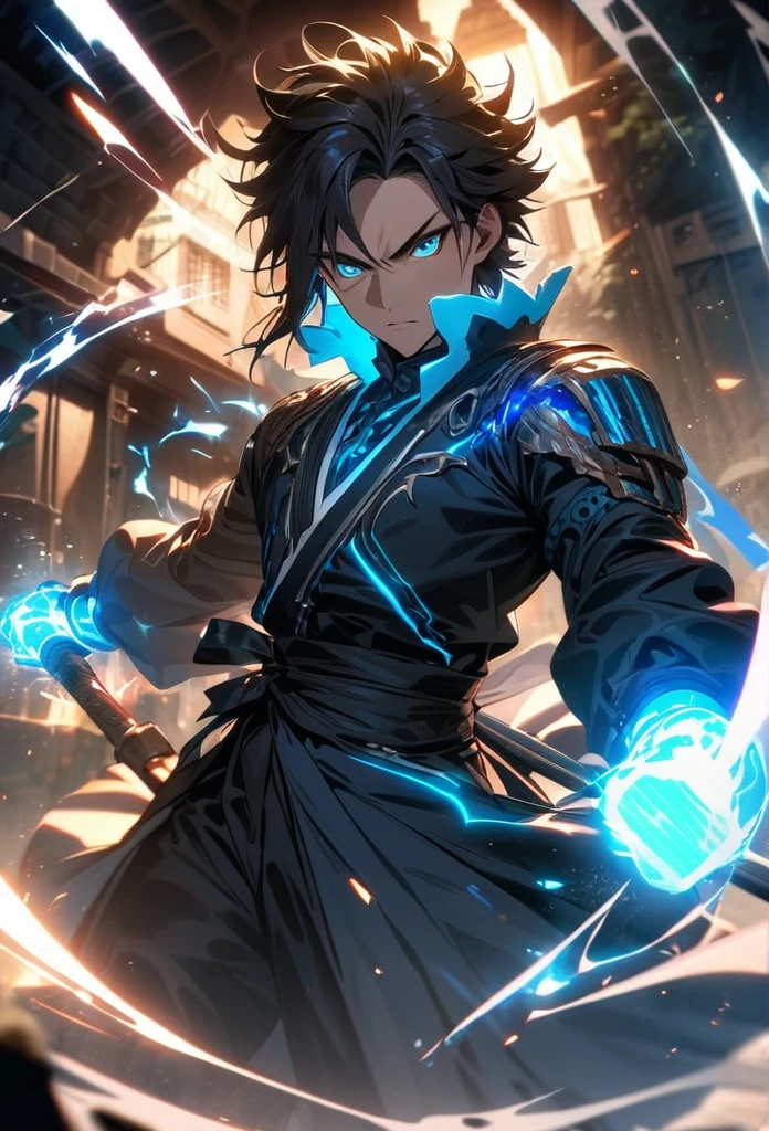 Symetrical,absurdres, highres, ultra detailed, HDR, masterpiece, extremely detailed face and eyestan, tanjiro, in original outfit ,,,,  , solo, man, handsome, ,, , Epic fight scene, blue electric effect,glowing glitters