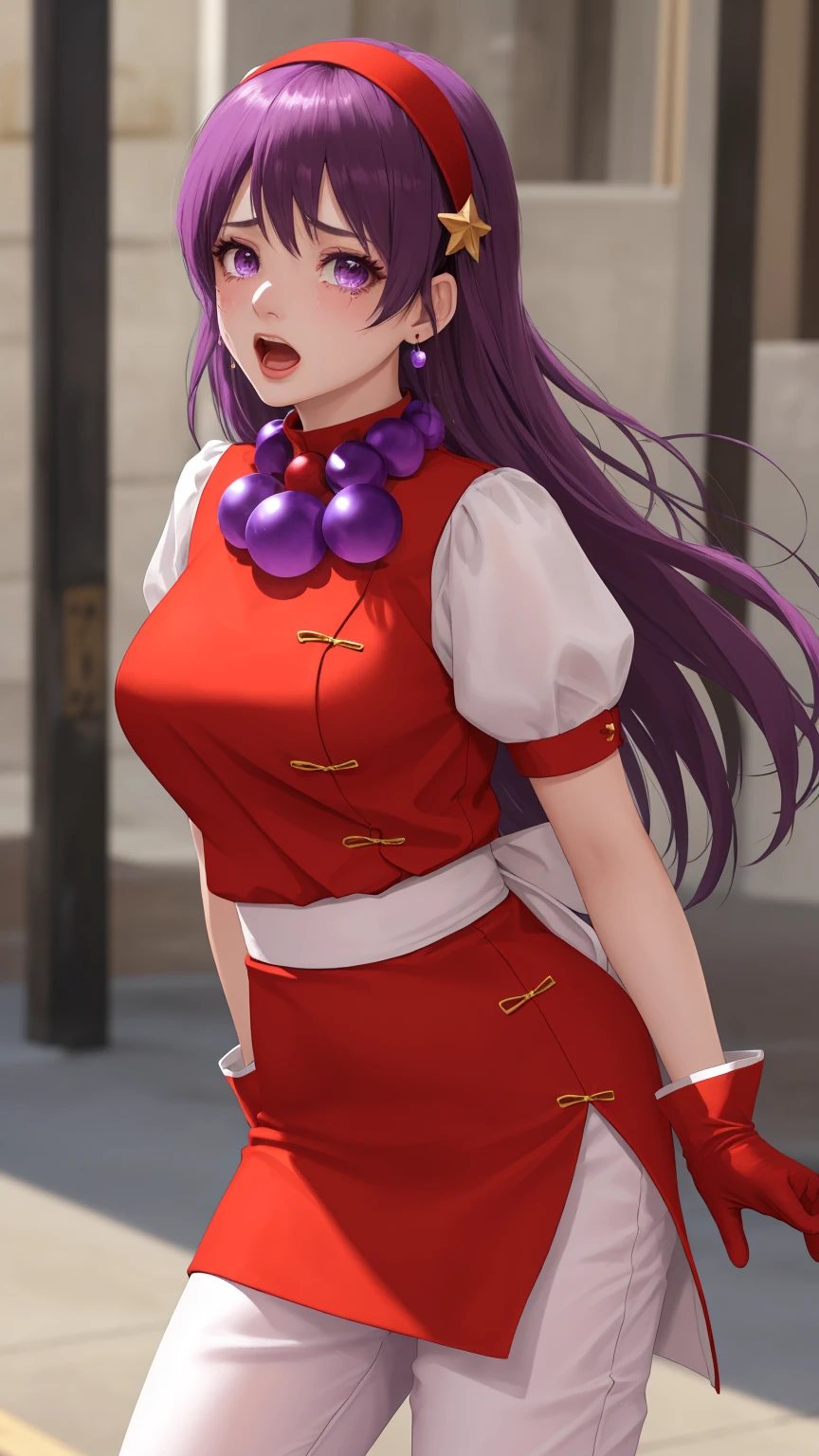 masterpiece,best quality,detailed,white theme,extreme detailed,colorful,highest detailed,masterpiece,best quality,highly detailed,athena97,1girl,cowboy shot,solo,standing,open mouth,crying,purple eyes,purple hair,straight hair,athena asamiya, long hair, hair ornament, (purple eyes:1.1), purple hair, hairband, star \(symbol\), star hair ornament, red hairband,gloves, jewelry, pants, fingerless gloves, necklace, bead necklace, chinese clothes, dress, red dress, puffy sleeves, short sleeves, white sleeves, red gloves,