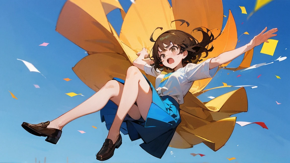 ((Highest quality)), ((masterpiece)), ((Very detailed)),Floatingする女の子,Angry expression，floating，Floating，Confetti，Brown Hair,tears,Levitating,Blue sky background,Feet in the air,tears,gravity,Long skirt,loafers,Raise both hands