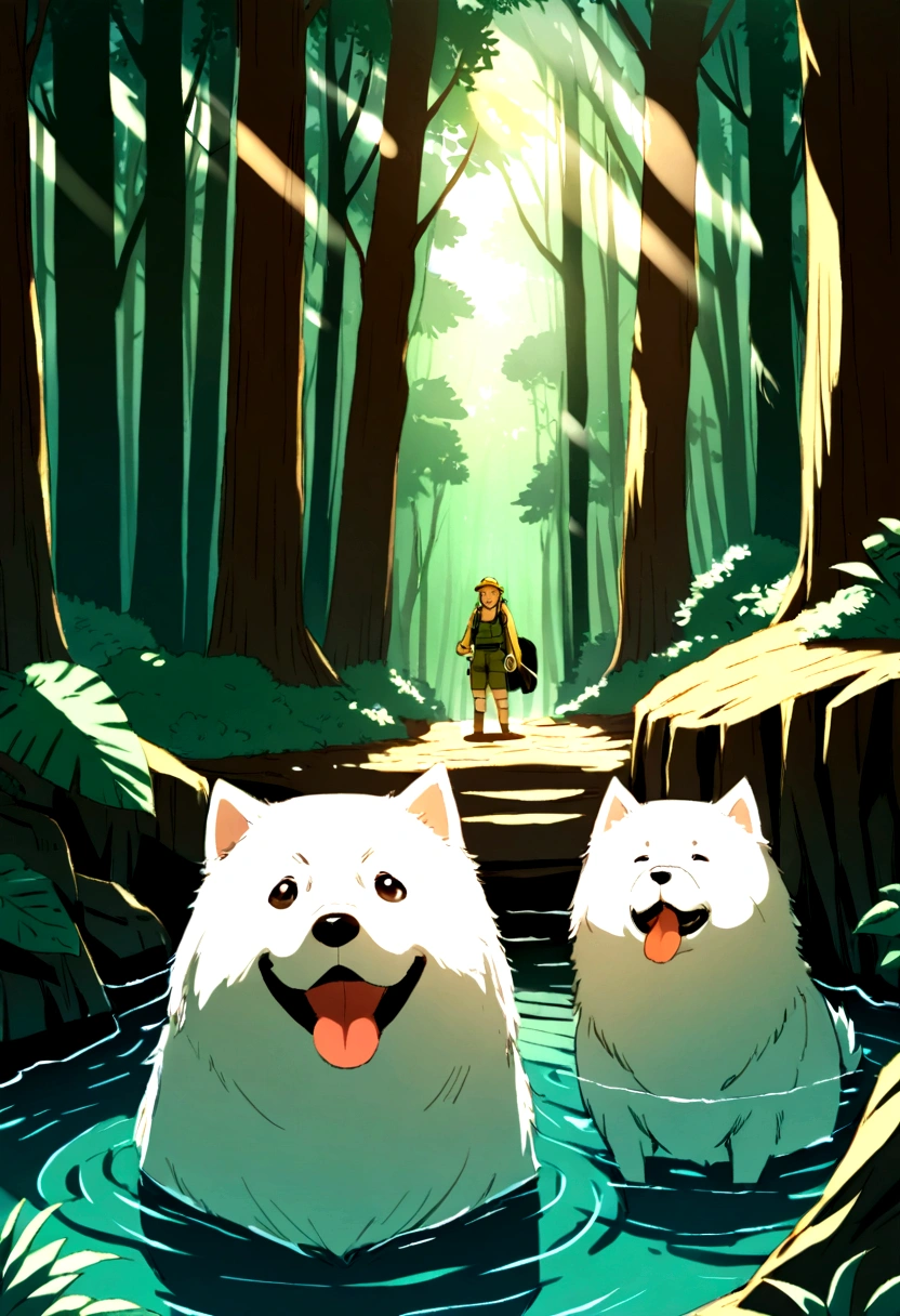 One dog, Samoyed dog, green々Deep woods, adventure, expedition, Forest bathing, Originally