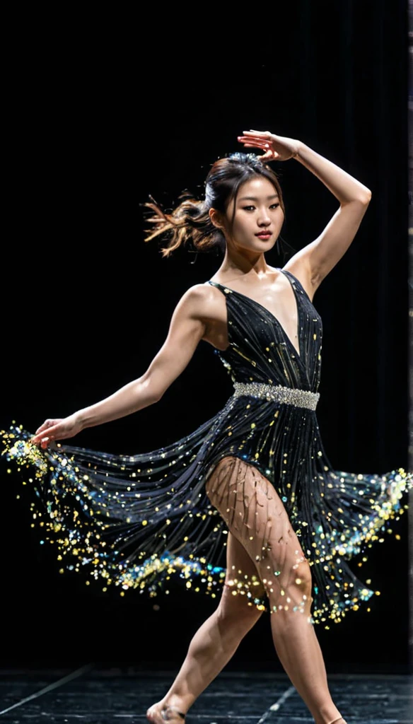 Photo of a 20 year old girl, Japanese, The most beautiful in the world, ((光のparticleでできたカラフルなドレス)Dancing), Black background,Professional photos, Awards, Cinematic, Film Grain, Blurred Background, Blurred foreground, Bokeh, Depth of written boundary,whole body, Ticker_particle_flow