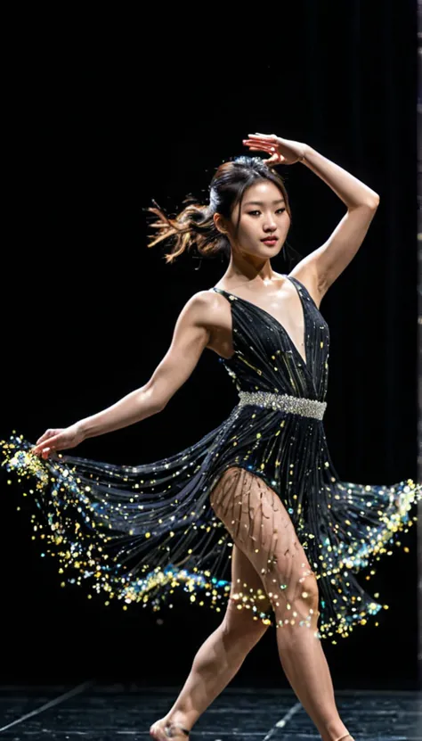 Photo of a 20 year old girl, Japanese, The most beautiful in the world, ((光のparticleでできたカラフルなドレス)Dancing), Black background,Prof...