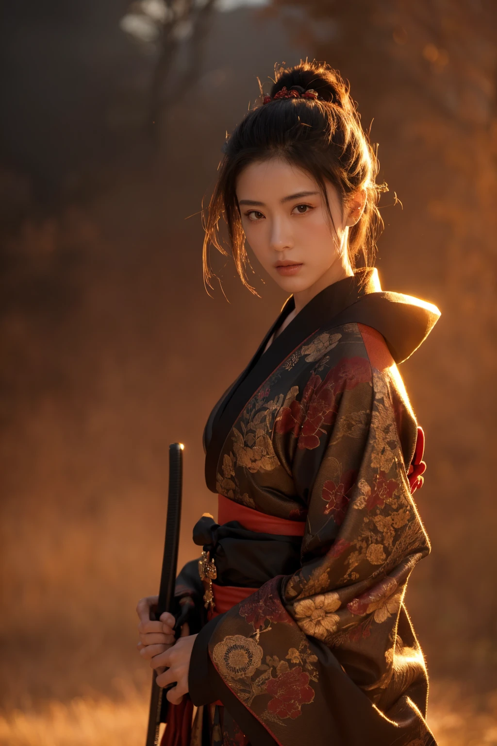 Uma bela guerreira samurai feminina, características faciais detalhadas, Kimono deslumbrante, elegant posture, armadura complexa, katana afiada, iluminação dramática, paisagem japonesa feudal envolta em névoa, composição cinematográfica, cores vibrantes, obra de arte, (melhor qualidade,4K,8K,alta resolução,obra de arte:1.2),Ultra-detalhado,(realista,photorealista,photo-realista:1.37),arte digital impressionante, iluminação dramática, paleta de cores quentes