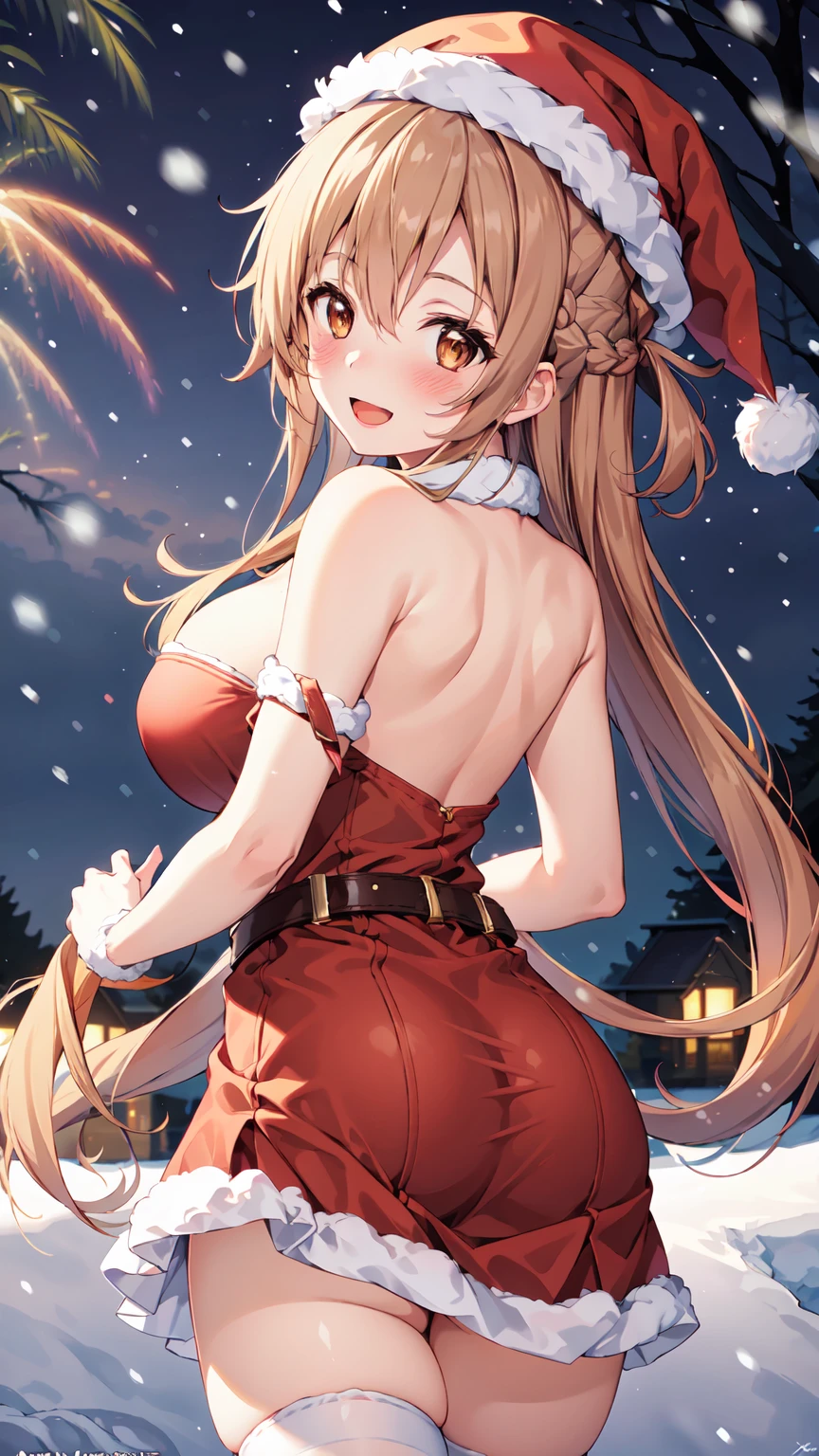 Masterpiece ,best quality , high resolution , ultra detail , colorful  , (1 girl solo:1.38) , (asuna , long hair , braid , brown haor , brown eyes ,  tall, slim body) , (Xmas cloth , dress , bell , xmax hat , stockings , belt , bare shoulder , strapless , head tilt) , (cleavage:1.15) , (big breast:1.1) , (outdoor, firework , snow , snowing , Xmas, in park,  night , moonlight , romance light) , (standing cowboy shot) , ( full face blush , shy , smile , open mouth) , (from nehind , back view , head back , looking view)