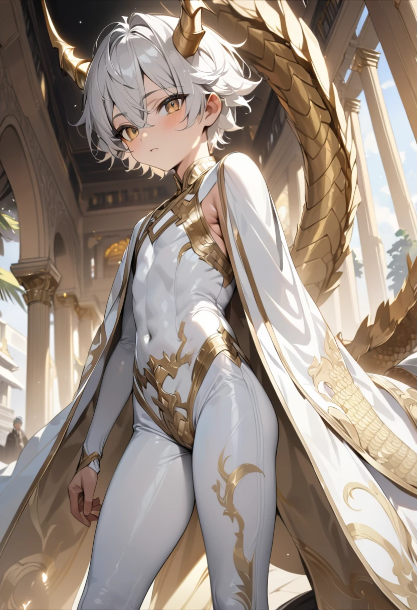 high quality,(best quality,4K,a high resolution,masterpiece:1.2),super detailed,(1 boy),(solo),juvenile,(Male juvenile),handsome and cute boy,snow-white hair, golden dragon horn,white bodysuit with golden pattern,short hair,golden eye,single photo,the white temple of light,magnificent palace background,Wearing a white cape behind