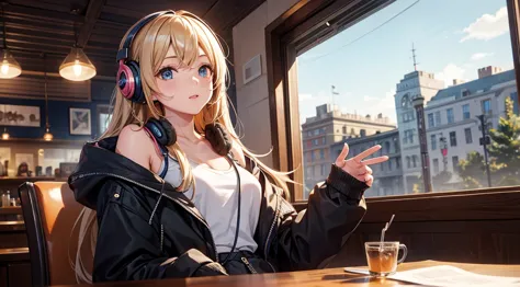 girl with headphones enjoying music in a cafe　i am studying　emphasize a little bit of the chest