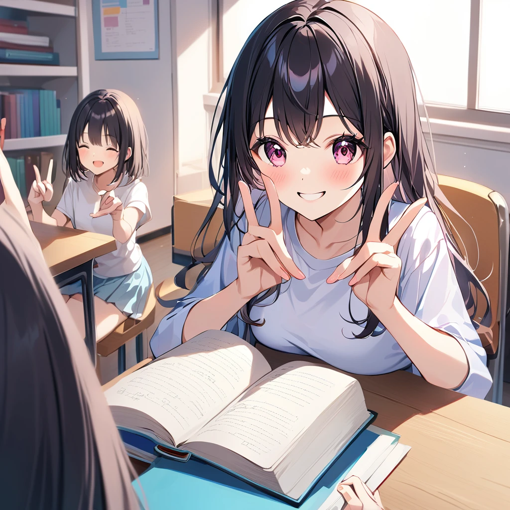 A confident smile, Two students demonstrating a gesture commonly associated with a peace sign while speaking by textbook, skirt, Black Hair, indoor, in, Book, shirt, ((((complete fiine fingers))))