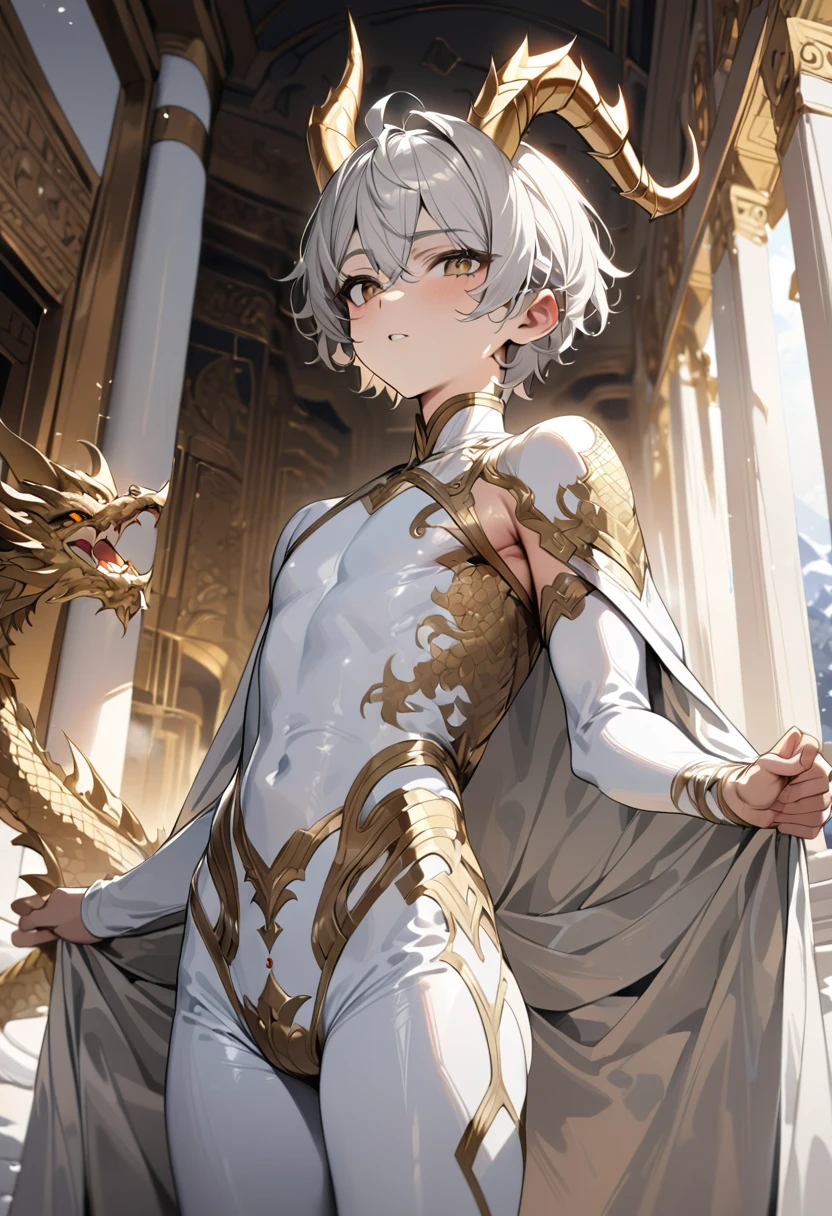 high quality,(best quality,4K,a high resolution,masterpiece:1.2),super detailed,(1 boy),(solo),juvenile,(Male juvenile),handsome and cute boy,snow-white hair, golden dragon horn,white bodysuit with golden pattern,short hair,golden eye,single photo,the white temple of light,magnificent palace background,Wearing a white cape behind