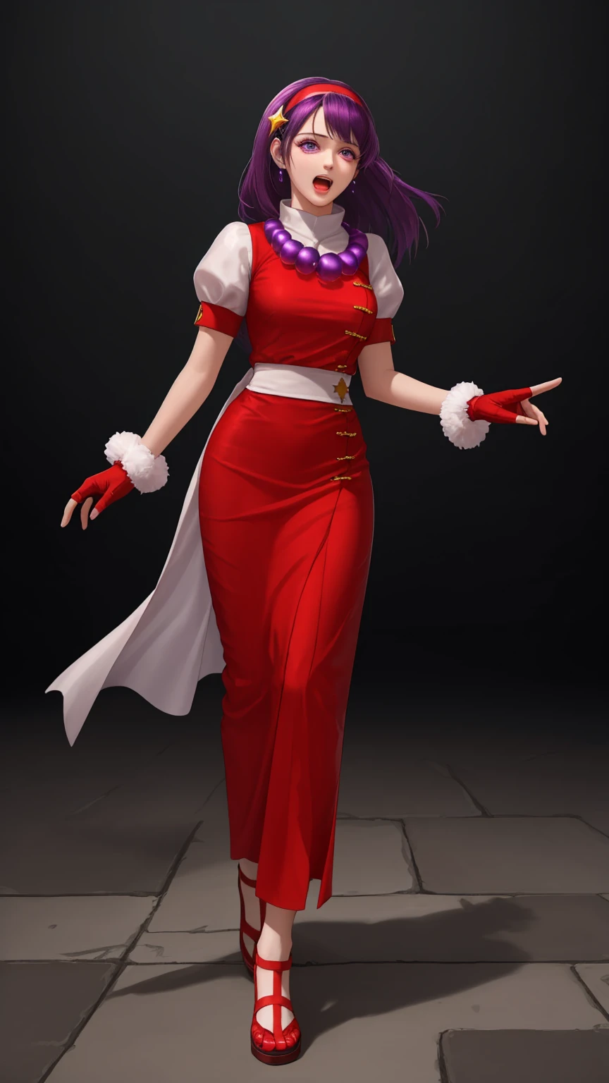 masterpiece,best quality,detailed,white theme,extreme detailed,colorful,highest detailed,masterpiece,best quality,highly detailed,athena97,1girl,full body,solo,standing,open mouth,crying,purple eyes,purple hair,straight hair,athena asamiya, long hair, hair ornament, (purple eyes:1.1), purple hair, hairband, star \(symbol\), star hair ornament, red hairband,gloves, jewelry, pants, fingerless gloves, necklace, bead necklace, chinese clothes, dress, red dress, puffy sleeves, short sleeves, white sleeves, red gloves,