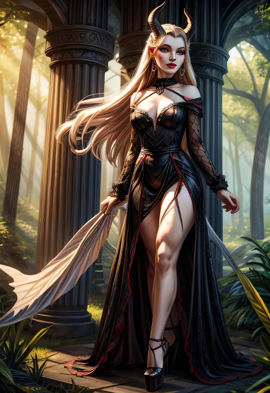 UHD 8k, HDR+, Beautiful Maleficent with calla, big piercing eyes, huge earrings, giant earrings, black high heel shoes, high heels, black gothic dress, Against the background of the forest, detailed background, realistic, 1girl, solo girl, 20 year old girl, ultra realistic face, hyperrealistic, hyperdetailed, (looking at viewers), sharpen, detailed face, detailed eyes, detailed lips, red lips, beautiful face, 16k, FHD, raw photo, cute face mesh, pretty face mesh, portrait shot 8 k