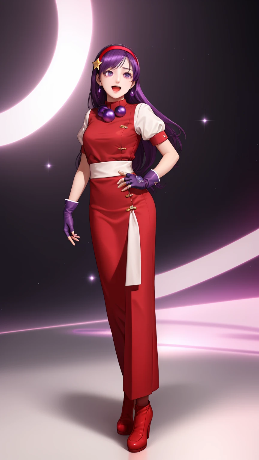 masterpiece,best quality,detailed,white theme,extreme detailed,colorful,highest detailed,masterpiece,best quality,highly detailed,athena97,1girl,full body,solo,standing,open mouth,crying,purple eyes,purple hair,straight hair,athena asamiya, long hair, hair ornament, (purple eyes:1.1), purple hair, hairband, star \(symbol\), star hair ornament, red hairband,gloves, jewelry, pants, fingerless gloves, necklace, bead necklace, chinese clothes, dress, red dress, puffy sleeves, short sleeves, white sleeves, red gloves,