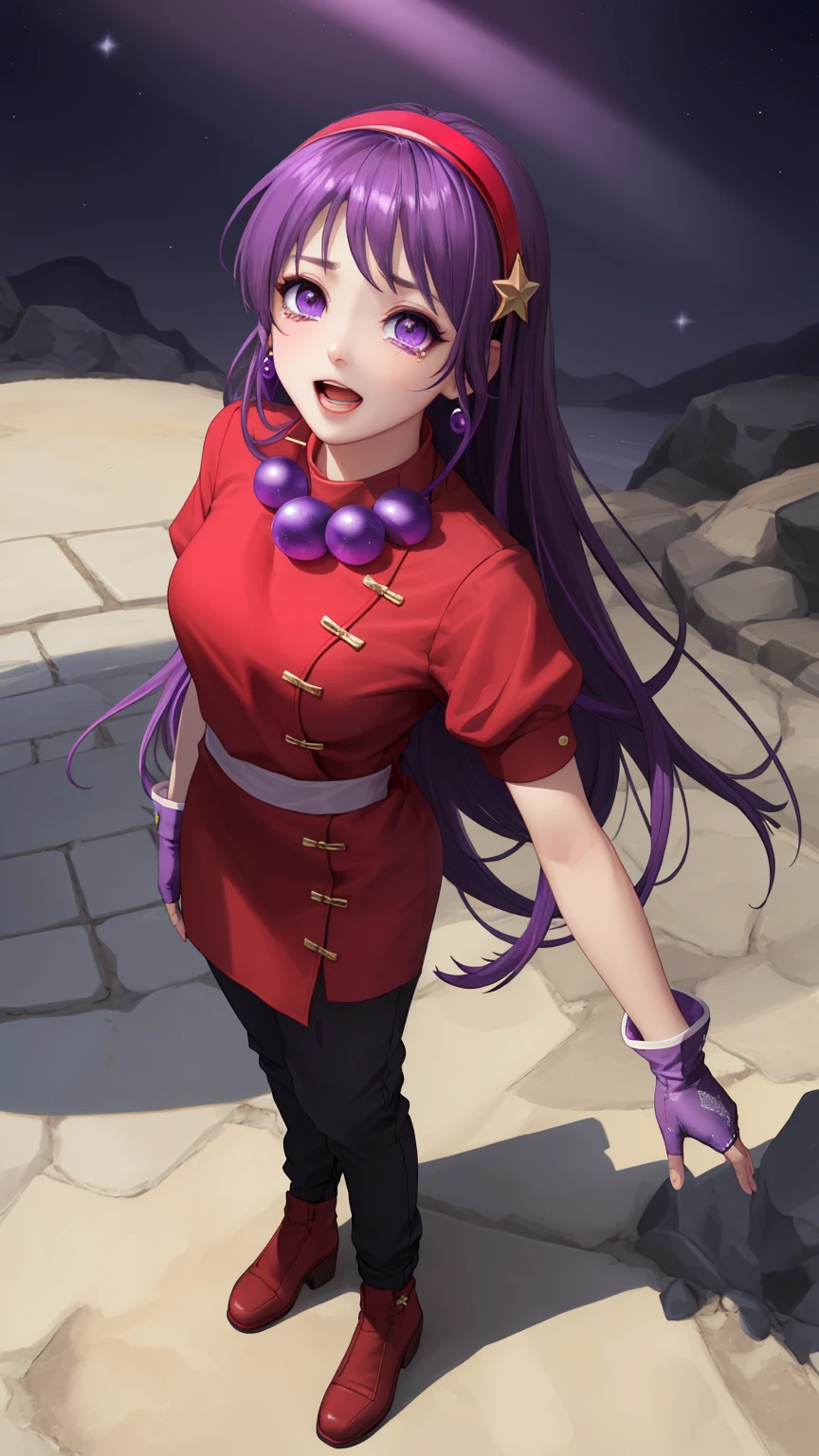 masterpiece,best quality,detailed,white theme,extreme detailed,colorful,highest detailed,masterpiece,best quality,highly detailed,athena97,1girl,full body,solo,standing,open mouth,crying,purple eyes,purple hair,straight hair,athena asamiya, long hair, hair ornament, (purple eyes:1.1), purple hair, hairband, star \(symbol\), star hair ornament, red hairband,gloves, jewelry, pants, fingerless gloves, necklace, bead necklace, chinese clothes, dress, red dress, puffy sleeves, short sleeves, white sleeves, red gloves,