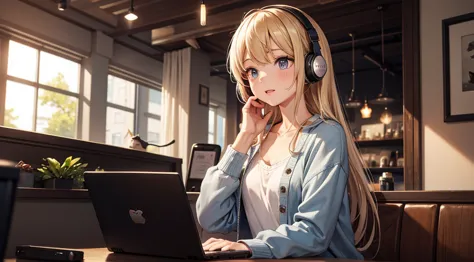 girl with headphones enjoying music in a cafe　i am studying　emphasize a little bit of the chest