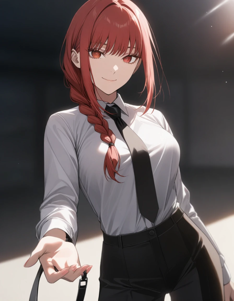 1girl,makima(chainsaw_man),black_necktie,black_pants,braid,braided_ponytail,breasts,closed_mouth,collar,collared_shirt,cowboy_shot,fingernails,giving,hair_over_shoulder,head_tilt,holding dog leash,long_hair,long_sleeves,looking_at_viewer,necktie,outstretched_arm,pants,red_eyes,red_hair,ringed_eyes,shirt,smile,solo,sunlight,unworn_collar,white_shirt,