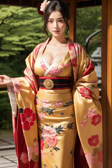 Japan、Sengoku period、Beautiful woman、Very large breasts、Very gorgeous kimono、embroidery