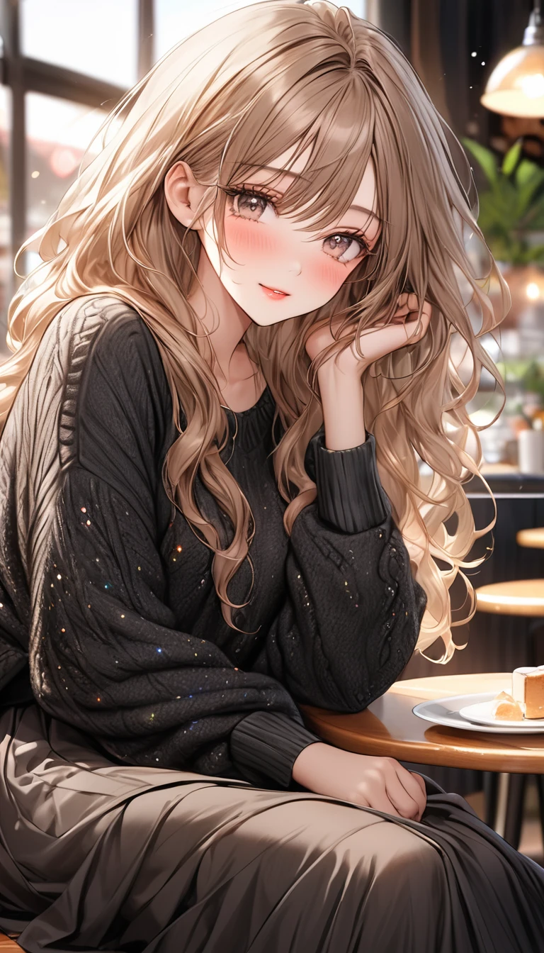 best quality, super fine, 16k, incredibly absurdres, extremely detailed, 2.5D, delicate and dynamic depiction, beautiful woman, amorous and lewd expression, light brown messy wavy hair, make-up, wearing loose fitting black summer knit sweater and long skirt, sitting in cafe, sparkly fluffy effect, portraits, clear subject