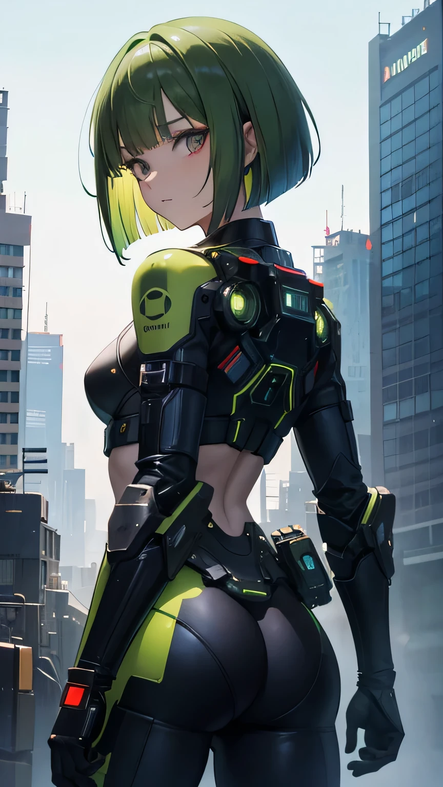 green hair, blunt bangs, bob cut, goggles on head, multicolored eyes, makeup, disgust, backlighting, masterpiece, accurate, super detail, award winning, highres, best quality, 8k, Cyberpunk, the world of science fiction movies, A Martian city in the year 2500, an android woman wearing a mechanic suit, Starry sky, meteor