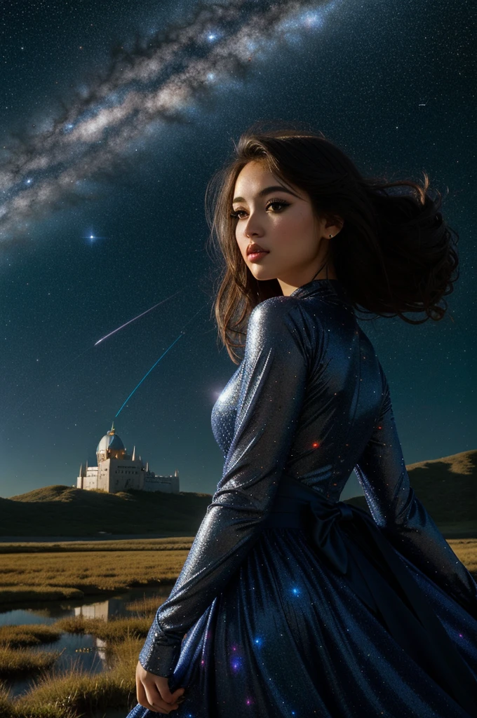 1girl, detailed space-themed, best quality, elegant, Fluffy [Funny:Beautiful:10] ([Antigua and Barbuda|Marsh]:1.3) in the distance there is a Castle, desolate flora with Apple tree, Stars in the sky, Fearful, stylized, kinetic art, Beautifully Lit, Depth of field 100mm, Provia, Elegant, Navy Blue dust particles, Highres, trending on CGSociety, stars, galaxies