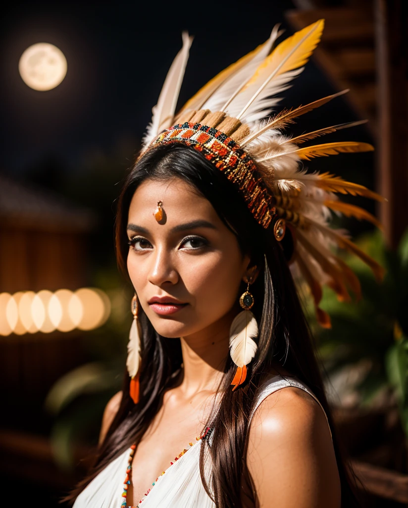 Schöne Cherokee-Indianerin mit wunderschönen terrakottafarbenen Kopfbedeckungen, schwarz, golden, Kupfer, Perle, white and beige, Federn aus leuchtendem Neon in verschiedenen Farben, Fackeln vor der Kamera, bokeh, Vollmondnacht
