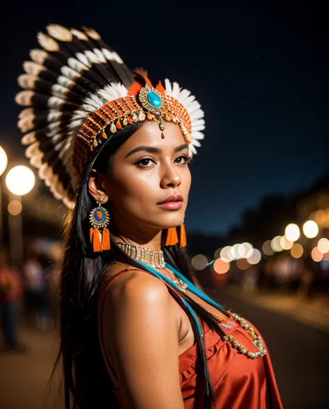 Beautiful Cherokee Indian woman with beautiful terracotta colored headdresses, blackw, doradas, cobre, Pearl, white and beige, f...