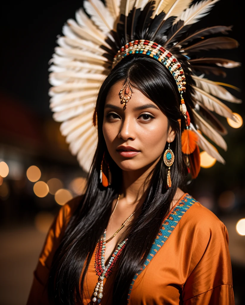 Belle femme indienne Cherokee avec de belles coiffes couleur terre cuite, noir, doré, cuivre, perle, blanc et beige, plumes faites de néon brillant de différentes couleurs, fusées éclairantes devant la caméra, bokeh, nuit de pleine lune
