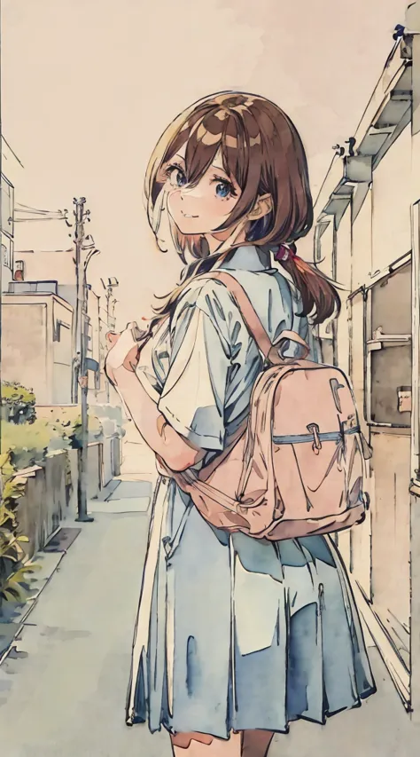 school classrooms、Watercolor style、Pale colors、hand painted style, 15yo student、hi-school girl、School route、carrying a schoolbag...