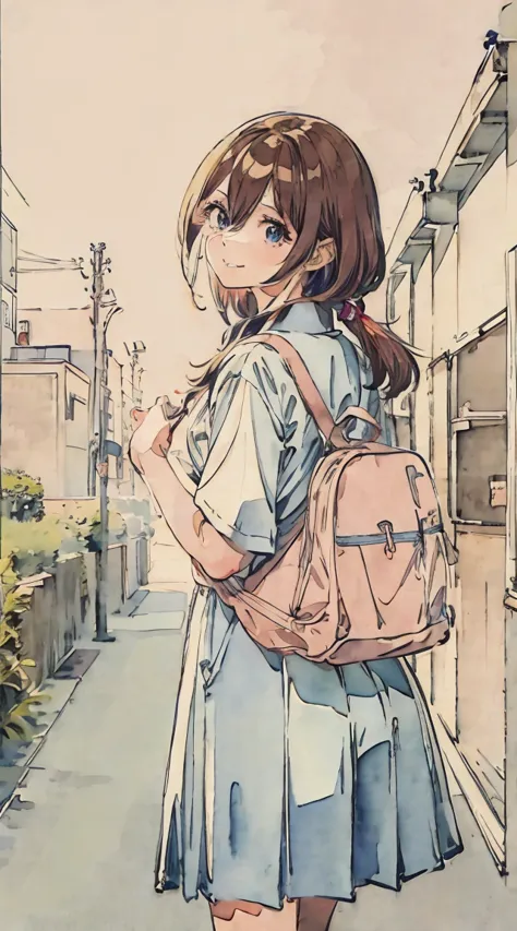 school classrooms、watercolor style、pale colors、hand painted style, 15yo student、hi-school girl、school route、carrying a schoolbag...