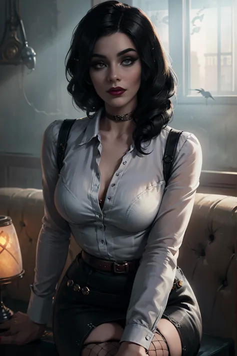 ( there is a woman holding a cigarette in her hand ),( Elizabeth from Burial at Sea ) (realistic:1.5), (fully dressed), ((female...