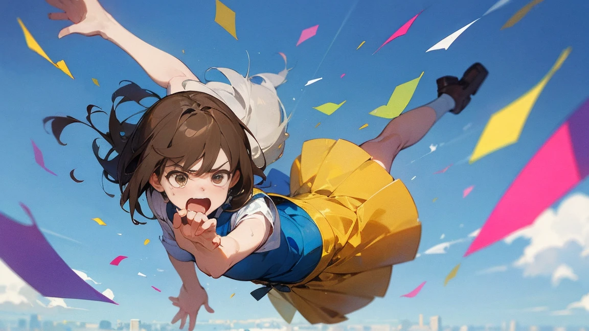 ((Highest quality)), ((masterpiece)), ((Very detailed)),Floatingする女の子,Angry expression，floating，Floating，Confetti，Brown Hair,tears,Levitating,Blue sky background,Feet in the air,tears,gravity,Long skirt,loafers,Raise both hands