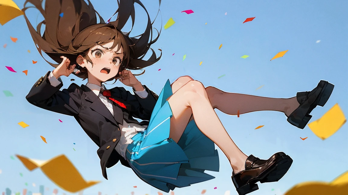 ((Highest quality)), ((masterpiece)), ((Very detailed)),Floatingする女の子,Angry expression，floating，Floating，Confetti，Brown Hair,tears,Levitating,Blue sky background,Feet in the air,tears,gravity,Long skirt,loafers,Raise both hands