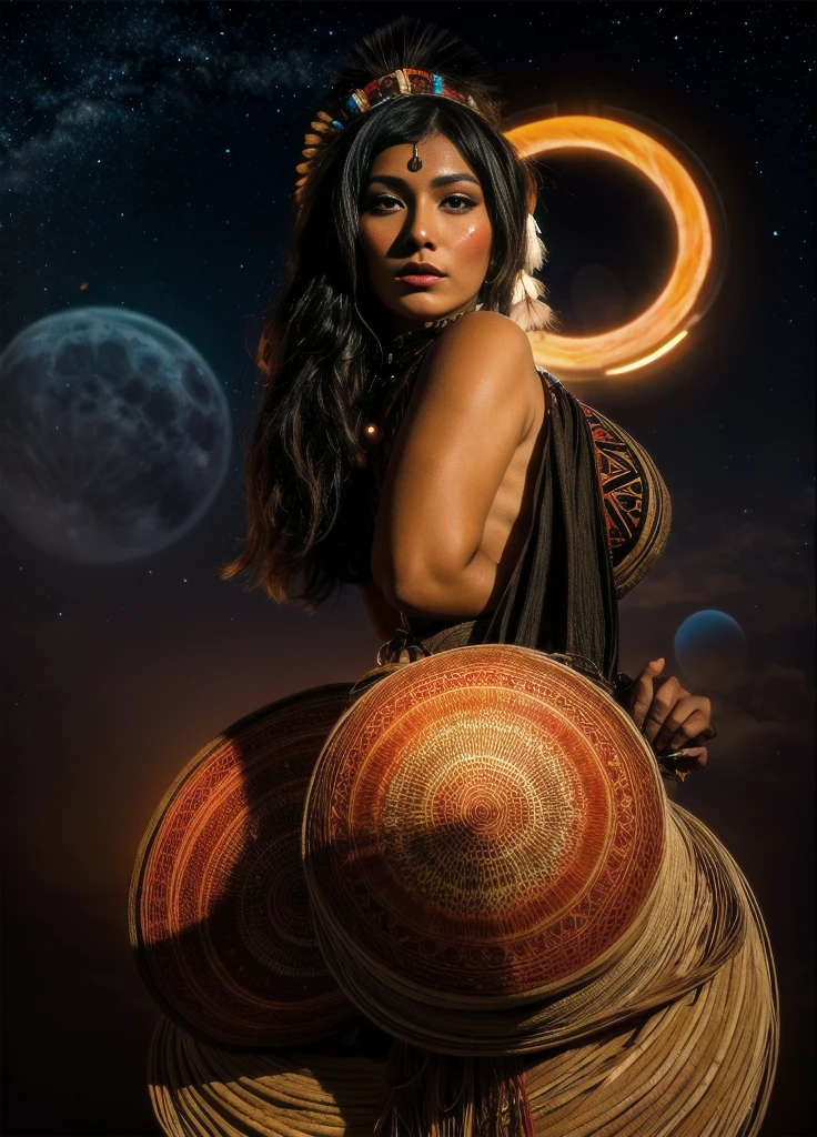 Belle femme indienne Cherokee avec de belles coiffes couleur terre cuite, noir, doré, cuivre, perle, blanc et beige, plumes faites de néon brillant de différentes couleurs, fusées éclairantes devant la caméra, bokeh, nuit de pleine lune
