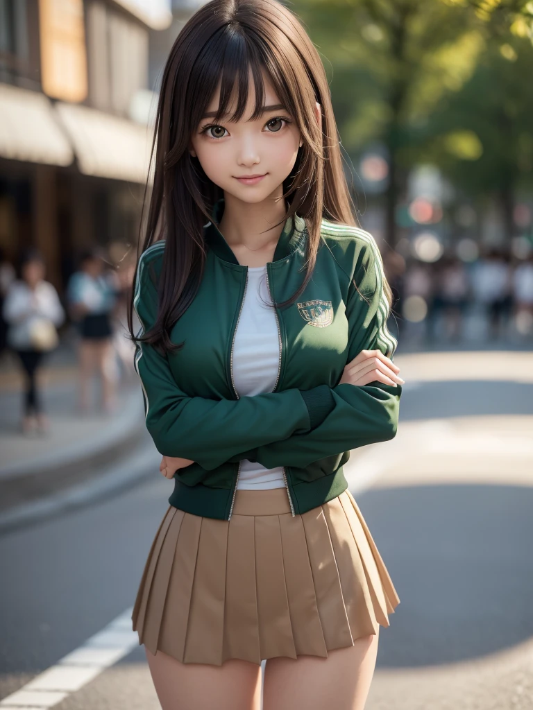 (8k, RAW Photos, Highest quality, masterpiece:1.2), (Realistic, photo-Realistic:1.4), (Highly detailed 8K wallpapers), ((Full Body Shot)), (1 girl), Sharp focus, Depth of written boundary, Cinematic lighting, Soft Light, The beauty of detail, eye_Chan, Very beautiful 17 year old girl, innocent big eyes, Realistic, photo Realistic, Highly detailed cute girl, (Thin thighs), (Model Body Type), 18-year-old, ((emerald green track jacket)), (Black Micro Mini Pleated Skirt), (((Fold your arms in front of your chest and act arrogantly))), ((A happy smile)), Parted lips, Watching the audience, (On the streets of Tokyo) , (Light brown hair),（Long Bob Hair), (Asymmetrical bangs)

