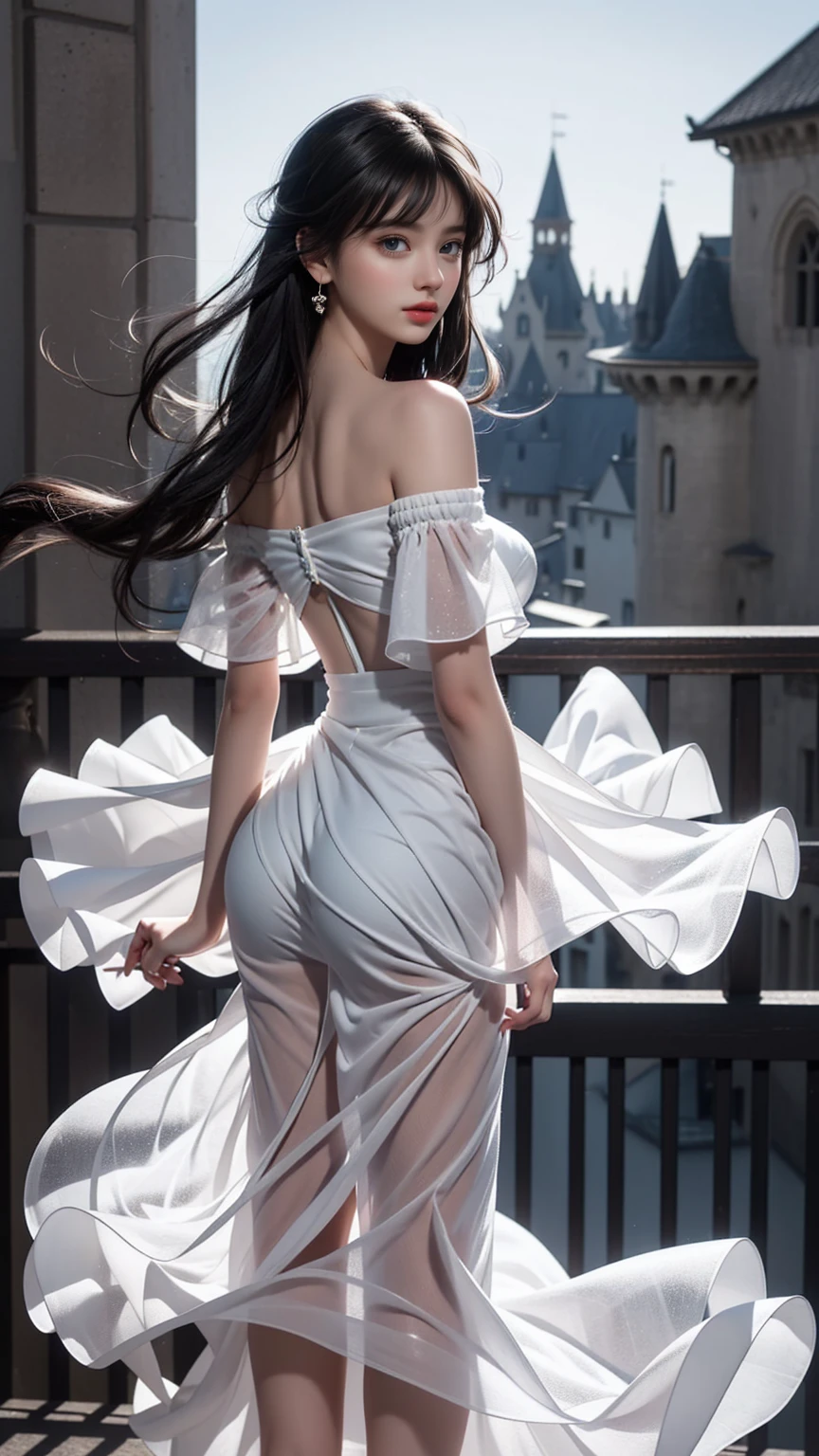 ((Girl standing on balcony of old castle))、((Rear view)),((look back))、Fluorescent color、1 girl、Looking to the side、Beautiful face、Beautiful eyes、（Off the shoulder：1.2）、Upper Body、Shiny Hair、Glowing Skin、 Reduce glare、The proportions of the fingers have been adjusted、Escrow、ass pov、Dynamic Angle、(((Master part)))、(((highest quality)))、(((Super-detailed))) detailed）、（An illustration）、（Detailed light）、（Very delicate and beautiful）、Dramatic_Shadow、Ray_Tracking、reflection、 Ultra-high resolution、((A girl with colorful hair and mesh in her black hair))、 Her hair flutters in the wind、(Large deep blue eyes)、Black Haired Woman、 Sparkling Butterfly、Black-haired woman、Points of light around the woman、Magical Aura、Green dot、Aura About Natural、超Magical AuraBlack-haired woman,((White off-the-shoulder semi-transparent white dress:1.3))、(No sleeve)、((My skirt is flying up in the wind)),((An old European castle is hazy in the distance)),((White panties are visible)),((One hand holds a wine glass)),