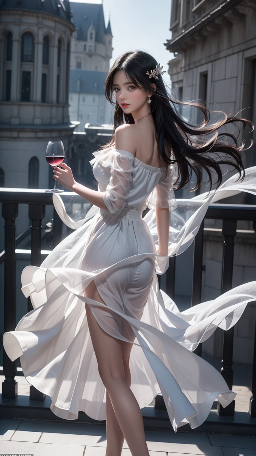((Girl standing on balcony of old castle))、((Rear view)),((look back))、Fluorescent color、1 girl、Looking to the side、Beautiful face、Beautiful eyes、（Off the shoulder：1.2）、Upper Body、Shiny Hair、Glowing Skin、 Reduce glare、The proportions of the fingers have been adjusted、Escrow、ass pov、Dynamic Angle、(((Master part)))、(((highest quality)))、(((Super-detailed))) detailed）、（An illustration）、（Detailed light）、（Very delicate and beautiful）、Dramatic_Shadow、Ray_Tracking、reflection、 Ultra-high resolution、((A girl with colorful hair and mesh in her black hair))、 Her hair flutters in the wind、(Large deep blue eyes)、Black Haired Woman、 Sparkling Butterfly、Black-haired woman、Points of light around the woman、Magical Aura、Green dot、Aura About Natural、超Magical AuraBlack-haired woman,((White off-the-shoulder semi-transparent white dress:1.3))、(No sleeve)、((My skirt is flying up in the wind)),((An old European castle is hazy in the distance)),((White panties are visible)),((One hand holds a wine glass)),
