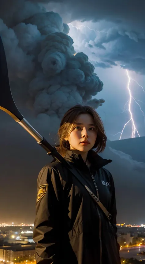 1girl on a hill watching a city on fire during a lightning storm as the reaper with his scythe descends from the skies in a char...
