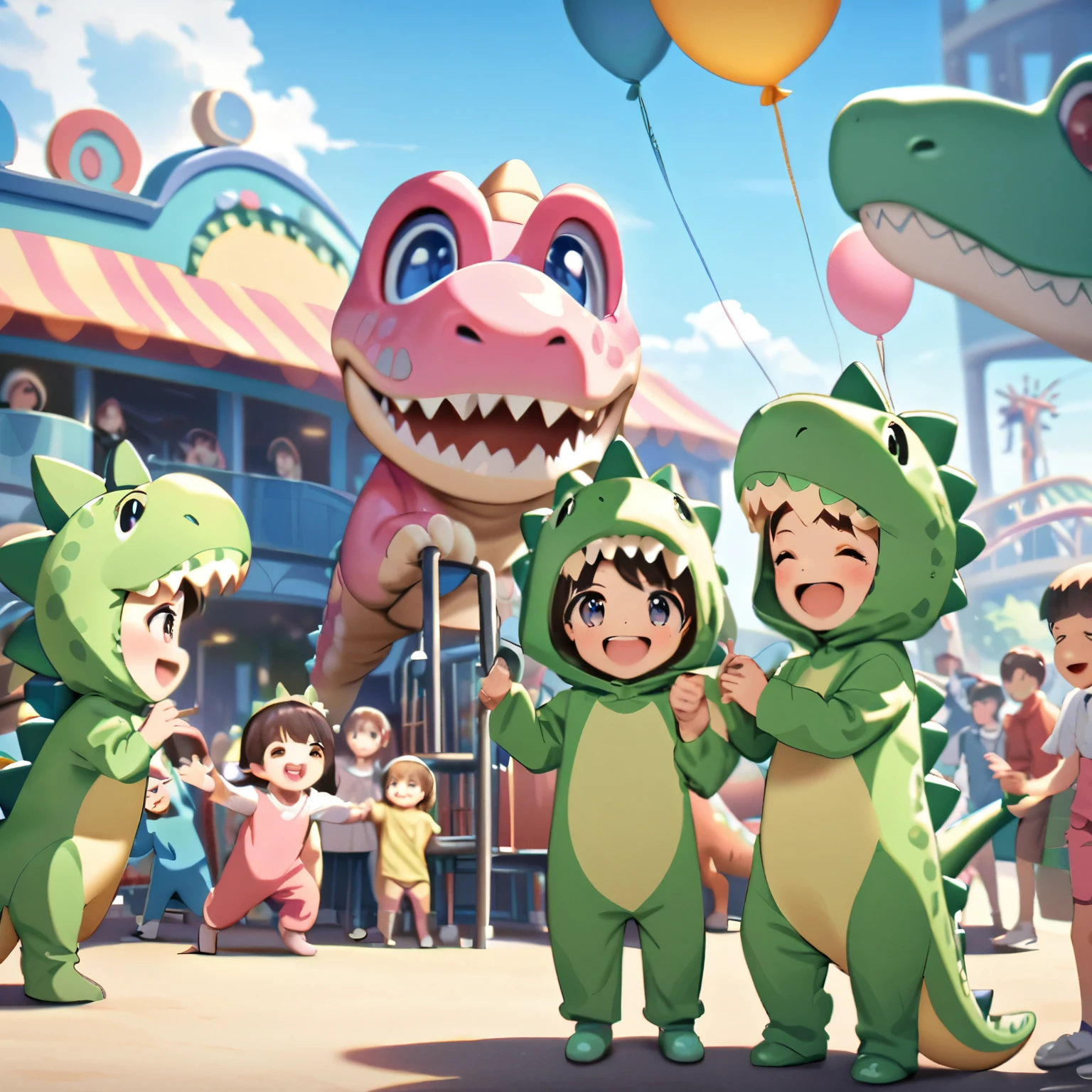 Amusement park on a sunny day, (attendants in pink dinosaur costumes), smiling children around dinosaur costumes, attendants holding a bunch of balloons, sunny blue sky, people smiling, people playing on playground equipment in the background,