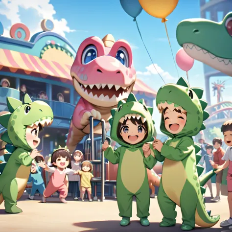 amusement park on a sunny day, (attendants in pink dinosaur costumes), smiling children around dinosaur costumes, attendants hol...