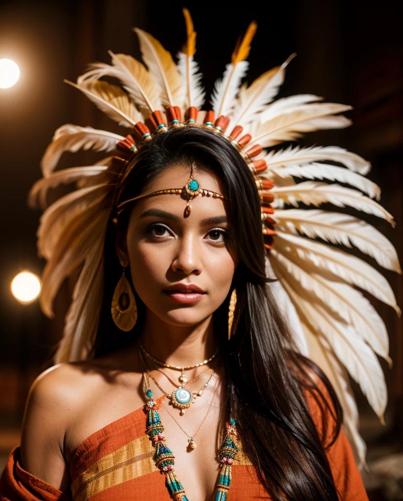 Schöne Cherokee-Indianerin mit wunderschönen terrakottafarbenen Kopfbedeckungen, schwarz, golden, Kupfer, Perle, white and beige, Federn aus leuchtendem Neon in verschiedenen Farben, Fackeln vor der Kamera, bokeh, Vollmondnacht
