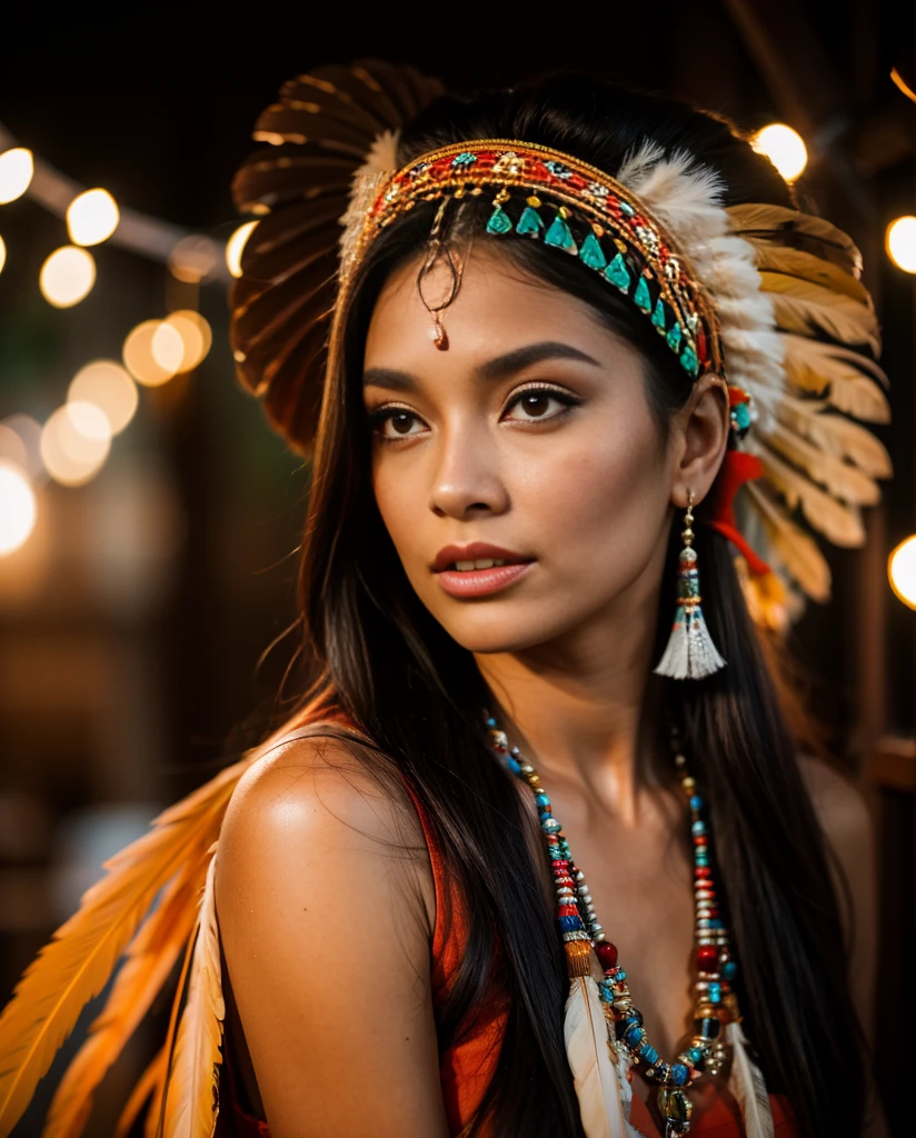 Schöne Cherokee-Indianerin mit wunderschönen terrakottafarbenen Kopfbedeckungen, schwarz, golden, Kupfer, Perle, white and beige, Federn aus leuchtendem Neon in verschiedenen Farben, Fackeln vor der Kamera, bokeh, Vollmondnacht
