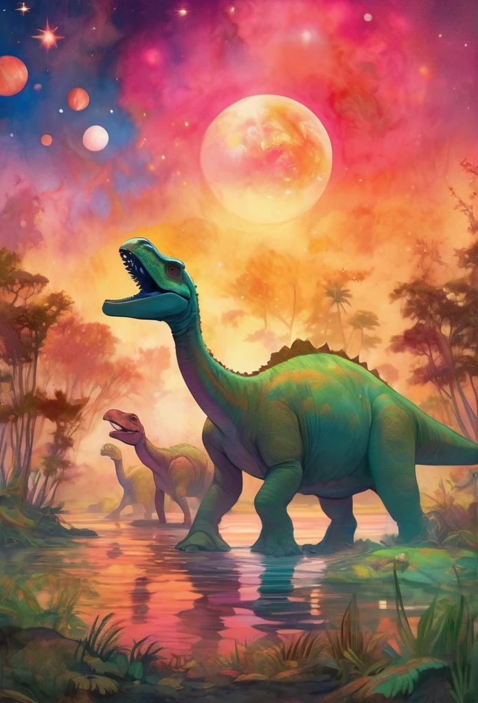 Au bord d&#39;un lagon serein qui reflète les couleurs du cosmos, une famille de Parasaurolophuses multicolores broute paisiblement. L&#39;eau scintille de nuances de rose, bleu, et vert, reflétant les motifs vibrants sur la peau des dinosaures. Autour du lagon se trouvent des plantes qui brillent d&#39;une lumière intérieure, leurs feuilles palpitent en synchronisation avec le rythme de l&#39;univers. au-dessus de, les planètes et les lunes dérivent paresseusement dans un ciel étoilé, jetant une lueur tranquille sur ce lieu idyllique, scène psychédélique.
, la scène est capturée dans une fantaisie sombre faiblement éclairée mais avec des couleurs vibrantes, avec des lignes d&#39;encre audacieuses définissant la forme sur le lavis aquarelle du papier vieilli