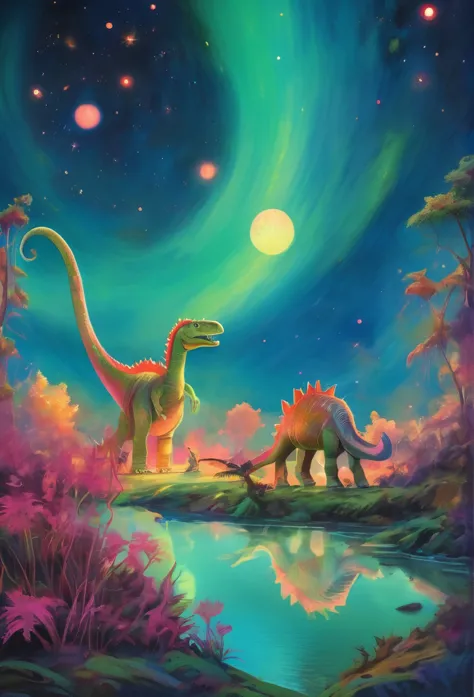 At the edge of a serene lagoon that reflects the colors of the cosmos, a family of multi-colored Parasaurolophuses grazes peacef...