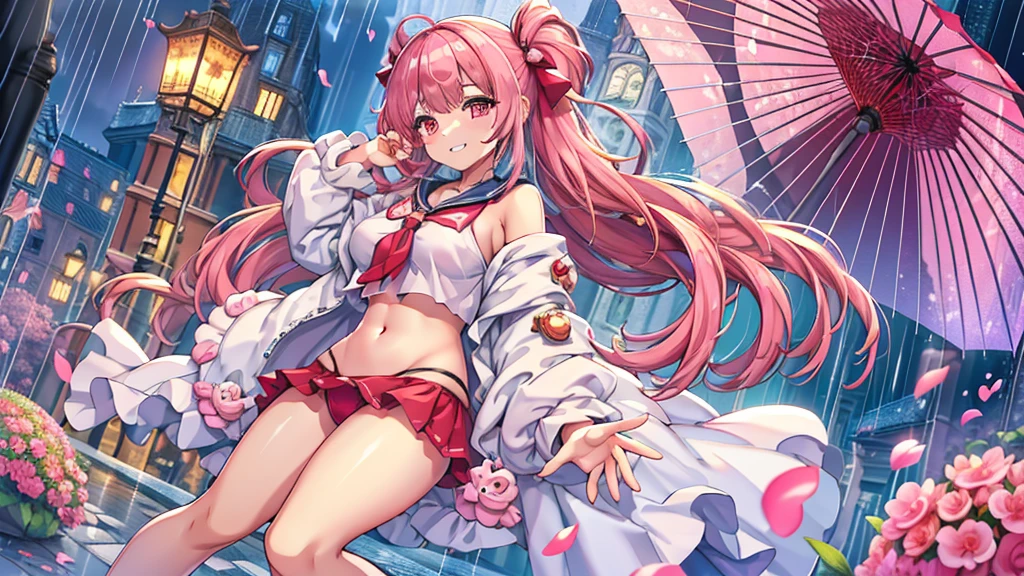 Masterpiece、Highest quality、Super detailed、1 girl、Pink Hair、(Big Tits)、Fluffy and soft long hair、Red-pink eyes、Sailor suit、rain、umbrella、In town、Cleavage、(The underboob is visible)、Belly button、Ruffles and ribbons、smile、Too big breasts