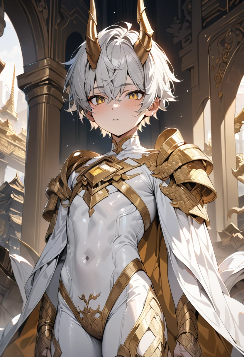 high quality,(best quality,4K,a high resolution,masterpiece:1.2),super detailed,(1 boy),(solo),juvenile,(Male juvenile),handsome and cute boy,snow-white hair, golden dragon horn,white bodysuit with golden pattern,short hair,golden eye,single photo,the white temple of light,magnificent palace background,Wearing a white cape behind