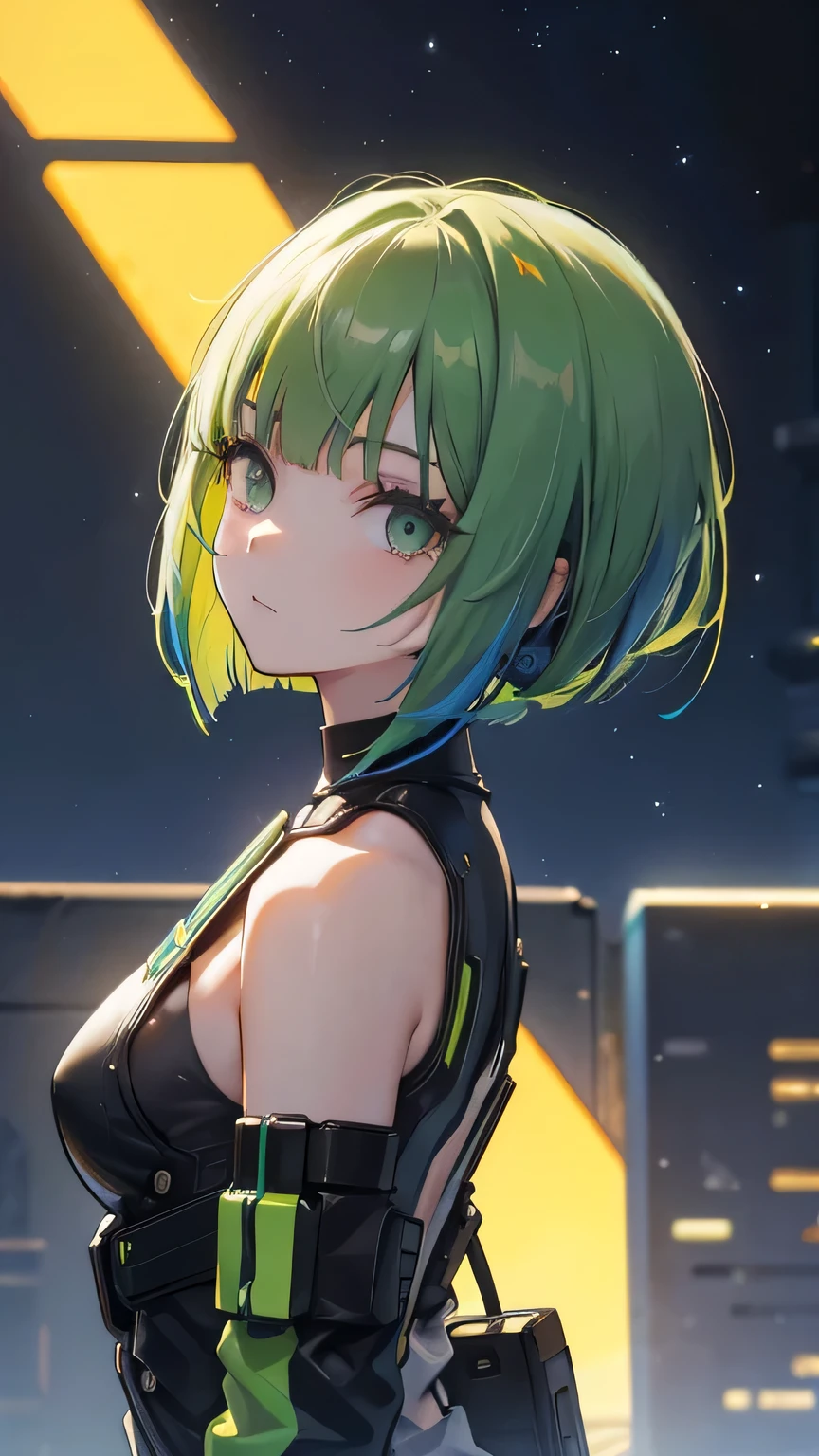 green hair, blunt bangs, bob cut, goggles on head, multicolored eyes, makeup, disgust, backlighting, masterpiece, accurate, super detail, award winning, highres, best quality, 8k, Cyberpunk, the world of science fiction movies, A Martian city in the year 2500, an android woman wearing a mechanic suit, Starry sky, meteor, from side