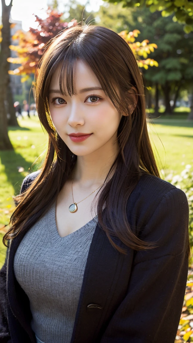 highest quality, masterpiece, 8K, ultra high resolution, (realistic: 1.4), beautiful face, symmetrical eyes, European, white hair, smile, wearing makeup, high-definition images, atmospheric perspective, super detail, accurate, best quality, an European lady, drooping eyes, sleepy face, blush, in the park, warm light, sunny day,  skirt, high boots, necklace