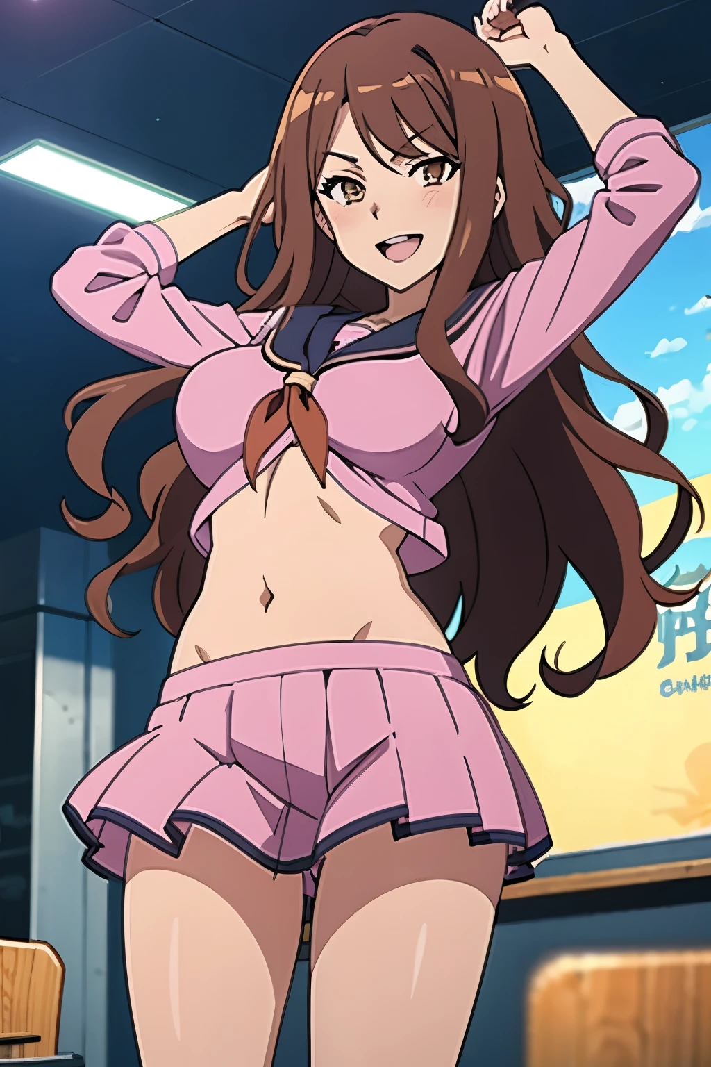 Anime girl in pink outfit posing in front of a screen - SeaArt AI