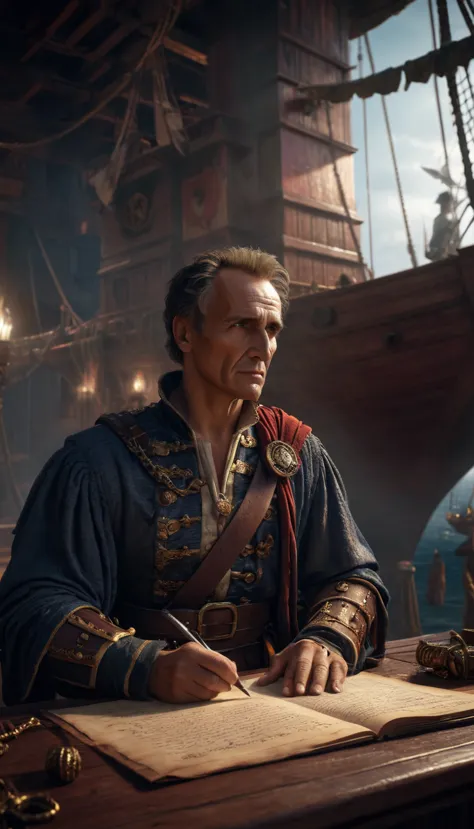 Cinemactic style, Julius Caesar writing poetry on a pirate ship, The background has an artistic touch with dramatic lighting tha...